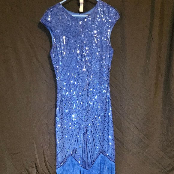 1920s Blue Beaded & Sequin Mable Flapper Dress Large - Picture 2 of 6